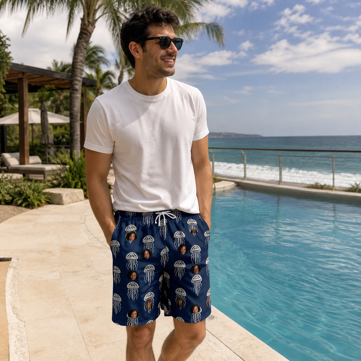 Real-life photo of someone wearing Men's Nettle Nebula Custom Face Beach Shorts — custom faces printed all-over