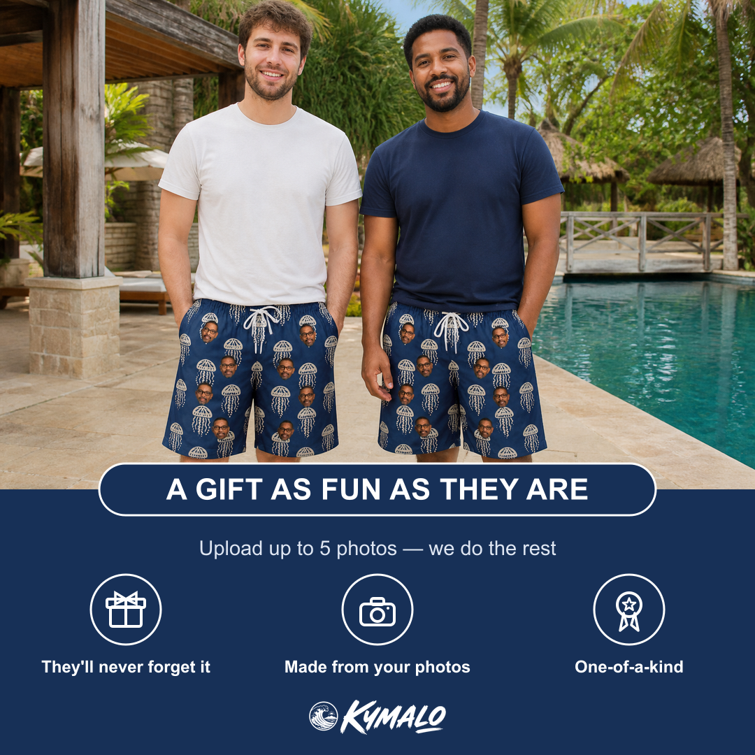 Friends in matching Men's Nettle Nebula Custom Face Beach Shorts — a group gift photo