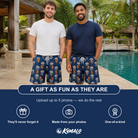 Friends in matching Men's Nettle Nebula Custom Face Beach Shorts — a group gift photo