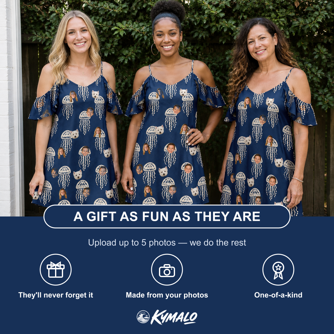 Friends in matching Women's Nettle Nebula Custom Face Off-Shoulder Dress — a group gift photo
