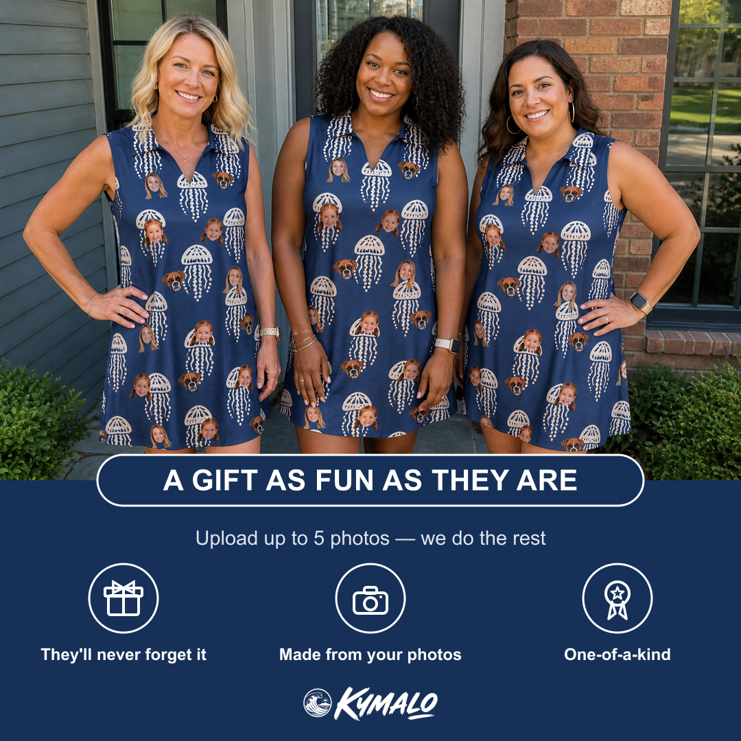 Friends in matching Women's Nettle Nebula Custom Face V-Neck Dress — a group gift photo