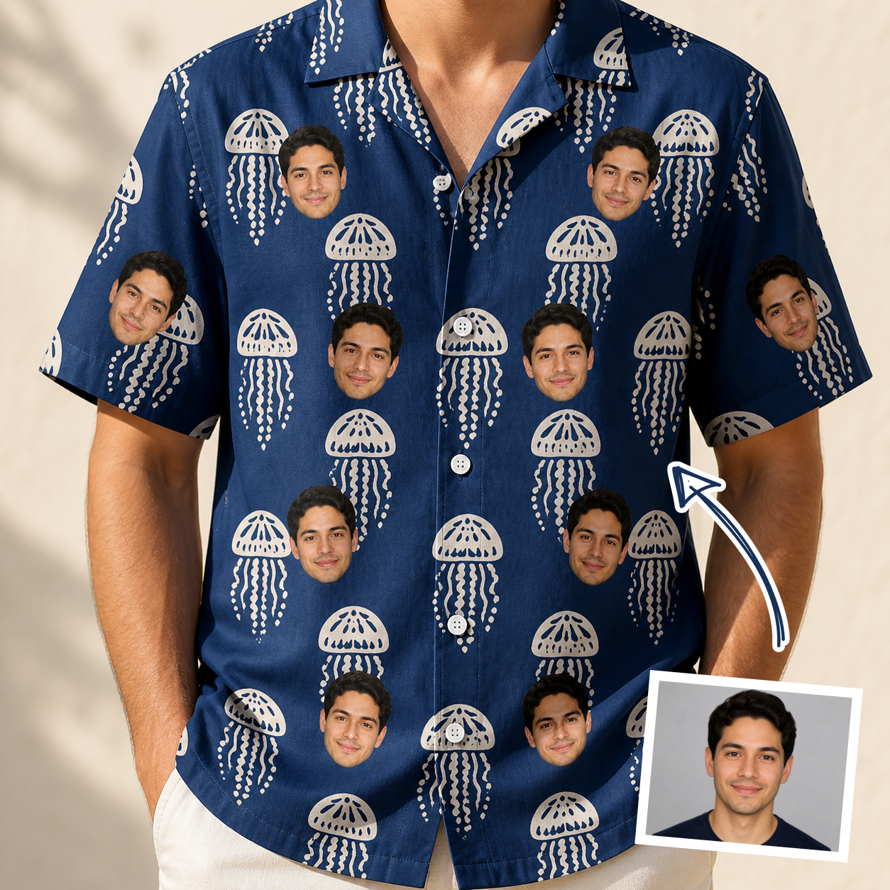 Man wearing Men's Nettle Nebula Custom Face Hawaiian Shirt — custom faces printed all-over