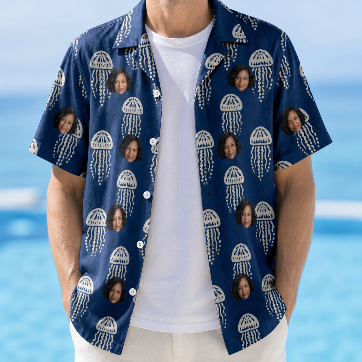 Man wearing Men's Nettle Nebula Custom Face Hawaiian Shirt open over a white tee