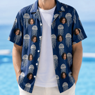 Man wearing Men's Nettle Nebula Custom Face Hawaiian Shirt open over a white tee
