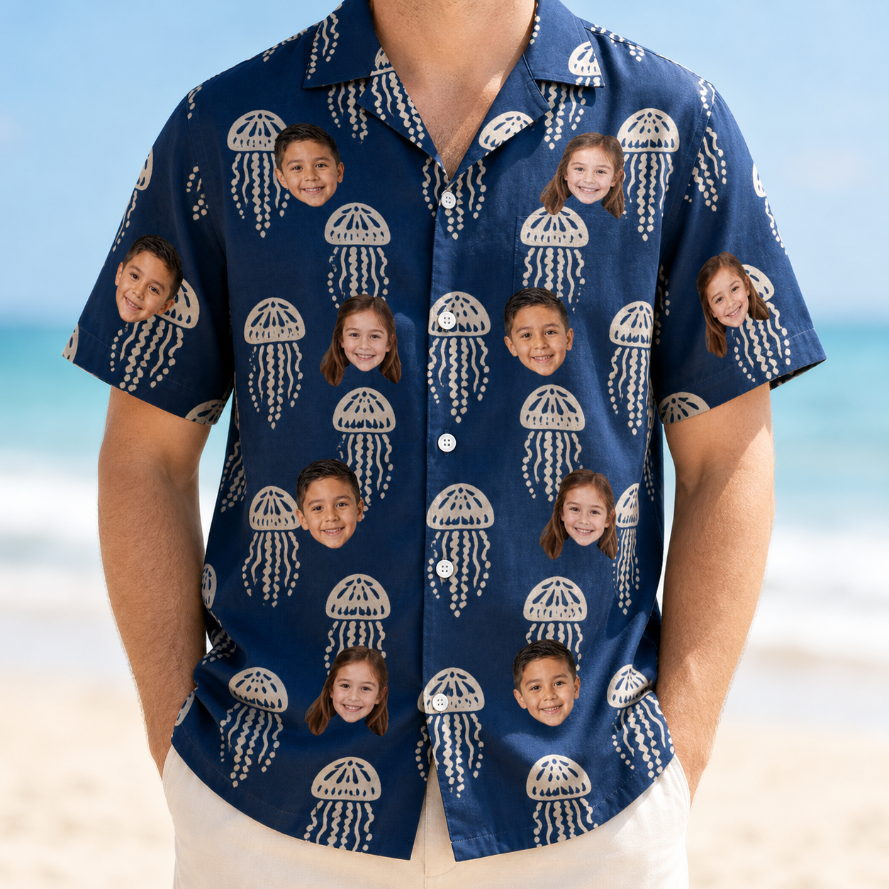 Model wearing Men's Nettle Nebula Custom Face Hawaiian Shirt printed with kids' faces