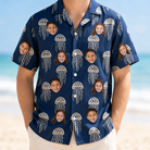 Model wearing Men's Nettle Nebula Custom Face Hawaiian Shirt printed with kids' faces