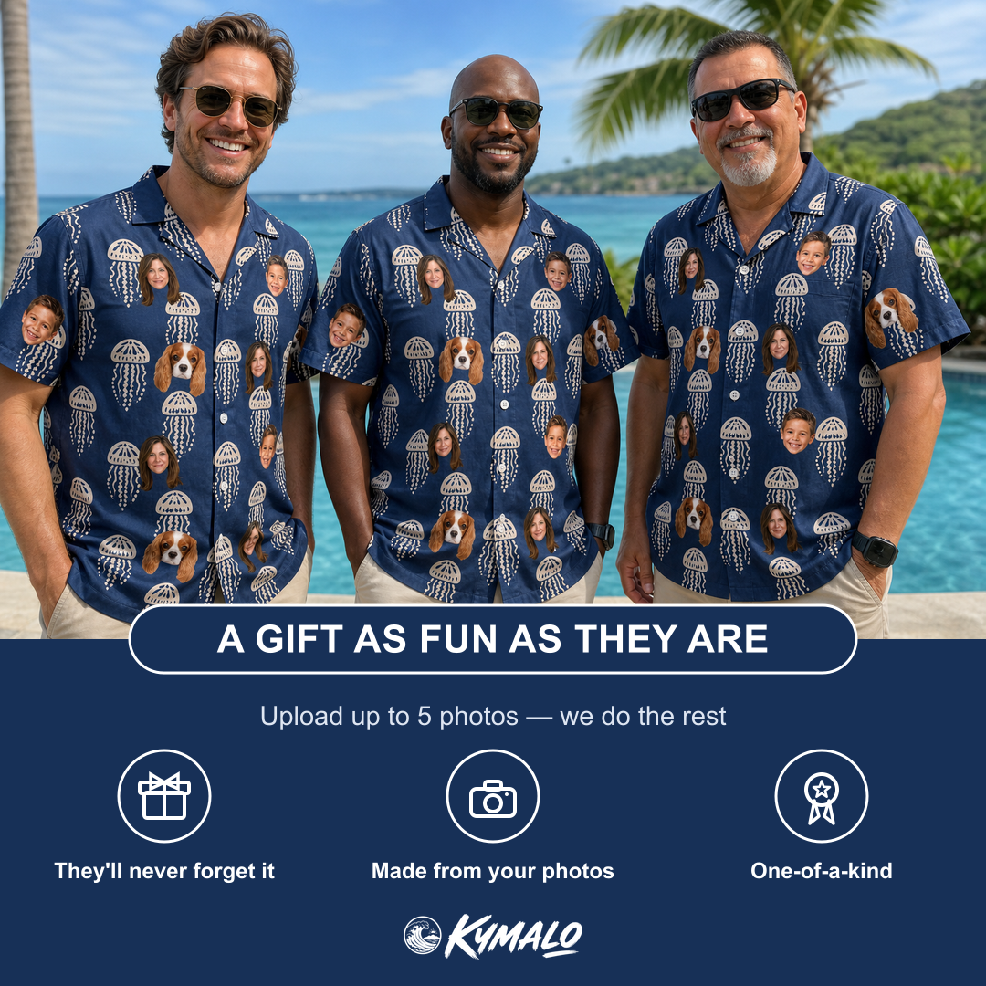 Friends in matching Men's Nettle Nebula Custom Face Hawaiian Shirt — a group gift photo