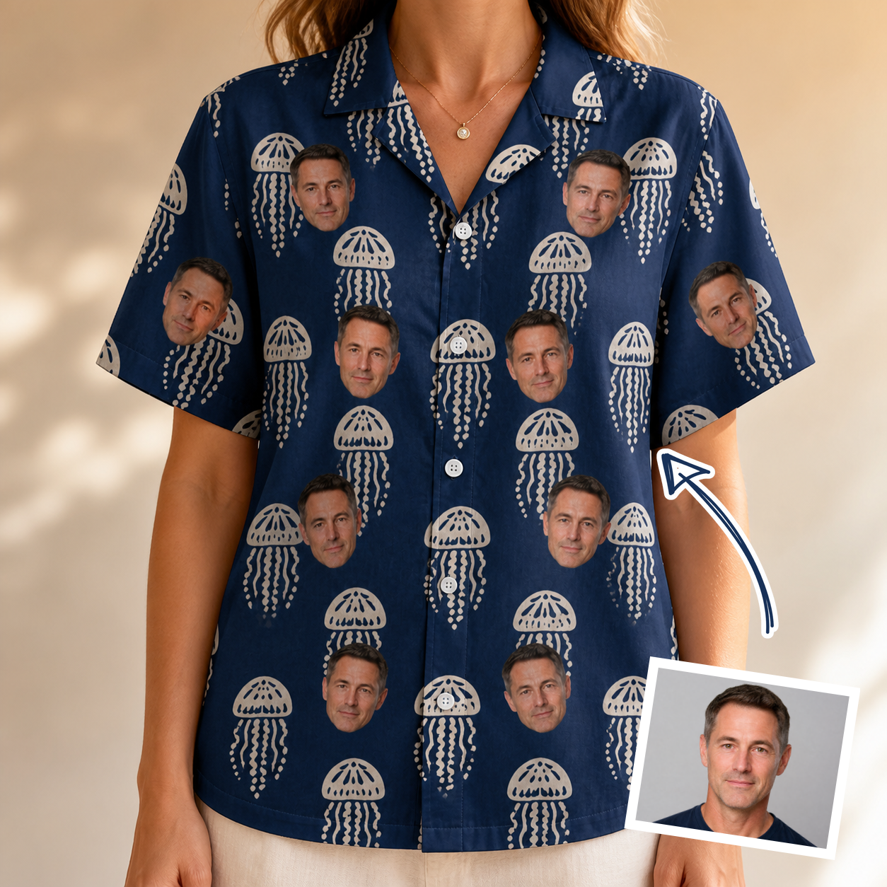 Woman wearing Women's Nettle Nebula Custom Face Hawaiian Shirt — custom faces printed all-over