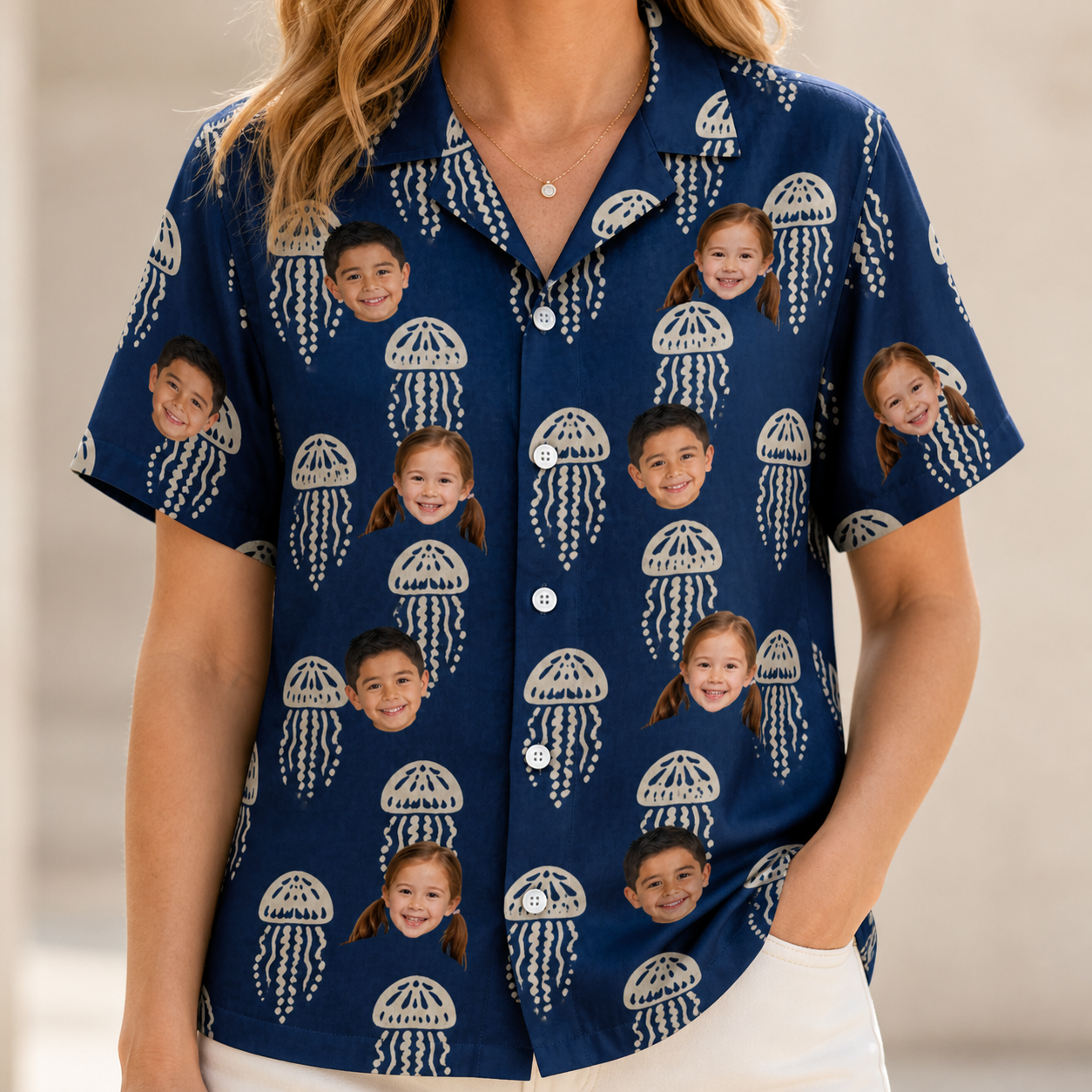 Model wearing Women's Nettle Nebula Custom Face Hawaiian Shirt printed with kids' faces
