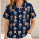 Model wearing Women's Nettle Nebula Custom Face Hawaiian Shirt printed with kids' faces