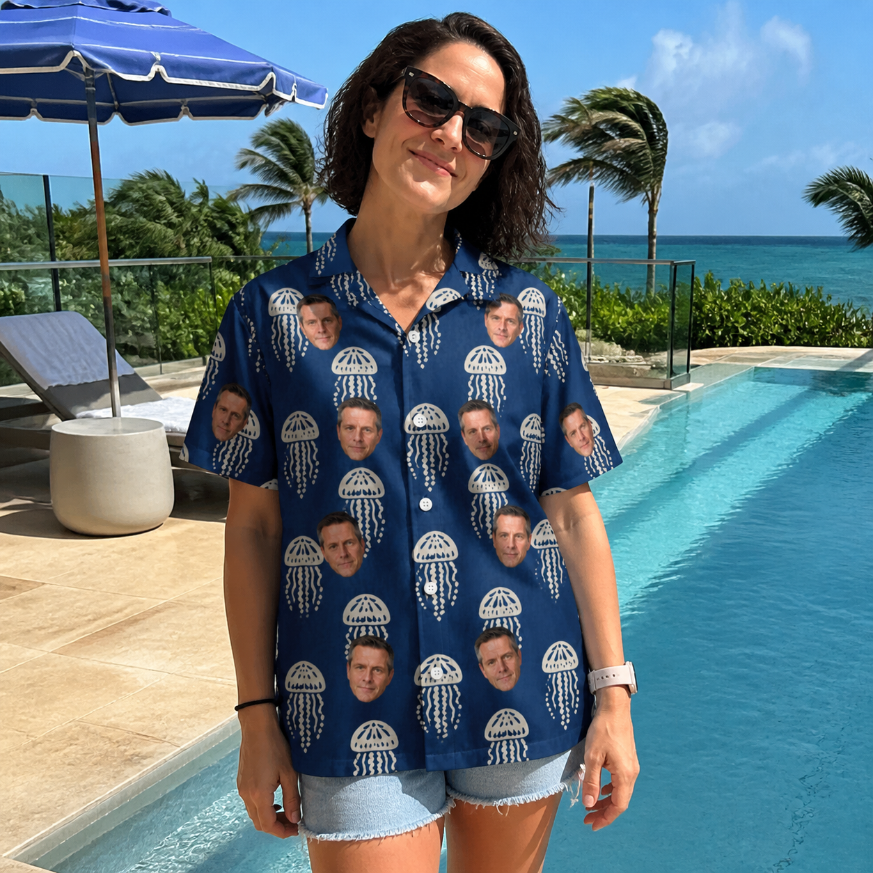 Real-life photo of someone wearing Women's Nettle Nebula Custom Face Hawaiian Shirt — custom faces printed all-over