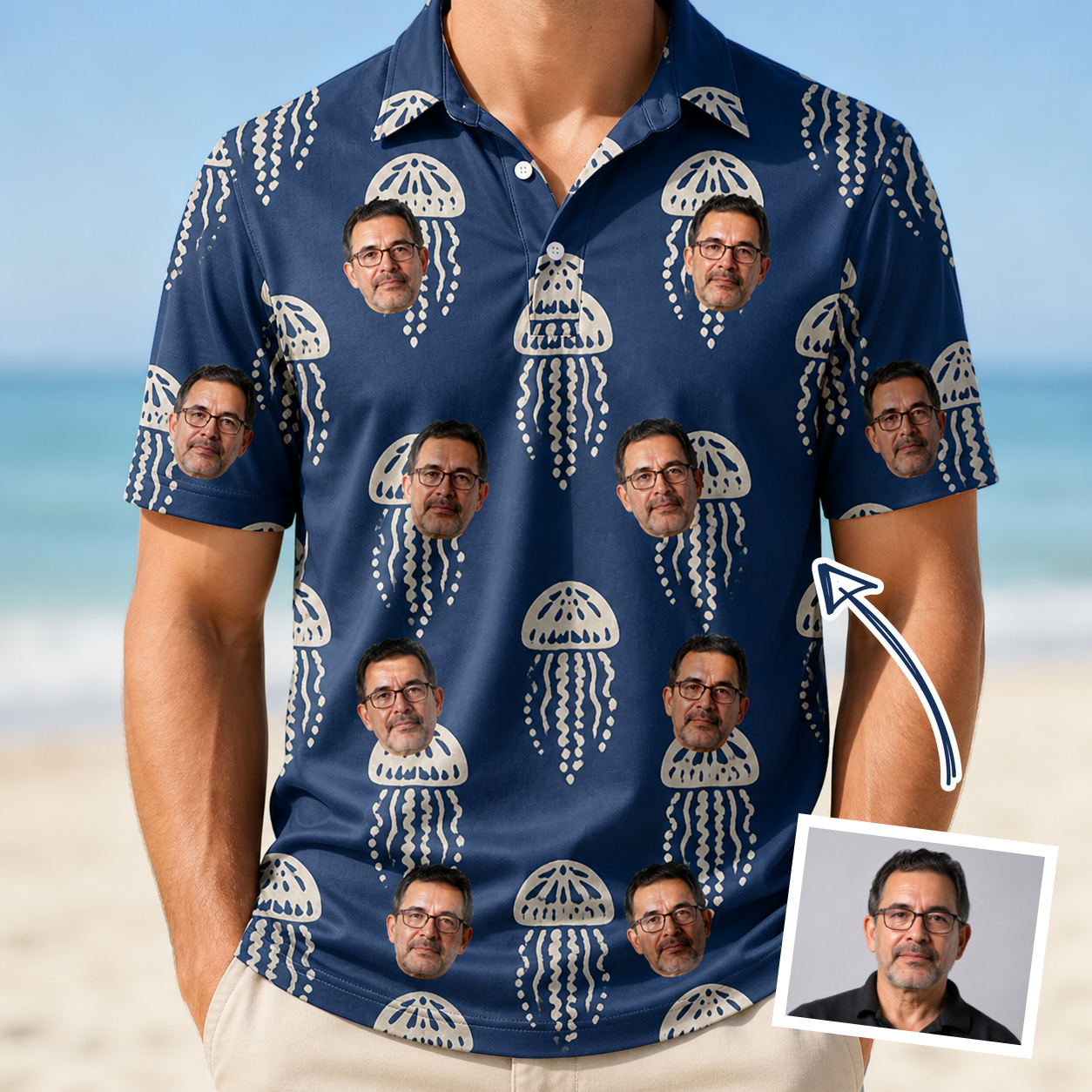 Man wearing Men's Nettle Nebula Custom Face Polo Shirt — custom faces printed all-over