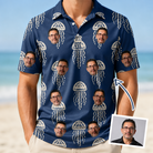 Man wearing Men's Nettle Nebula Custom Face Polo Shirt — custom faces printed all-over