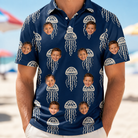 Model wearing Men's Nettle Nebula Custom Face Polo Shirt printed with kids' faces