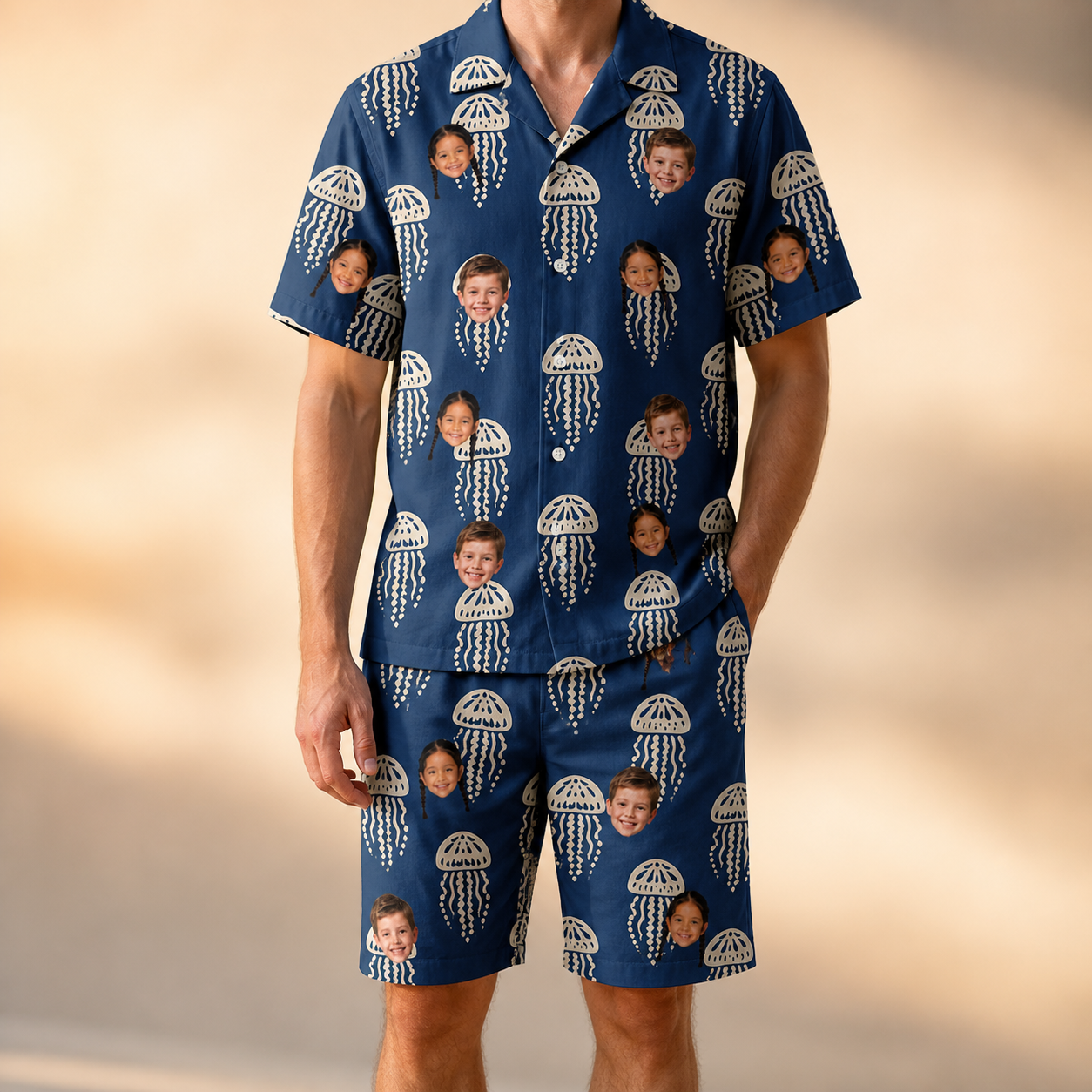 Model wearing Men's Nettle Nebula Custom Face Shirt & Shorts Set printed with kids' faces