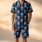 Model wearing Men's Nettle Nebula Custom Face Shirt & Shorts Set printed with kids' faces