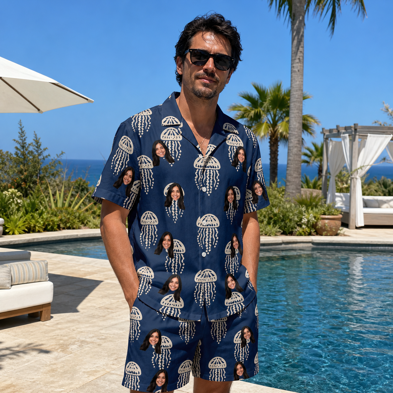 Real-life photo of someone wearing Men's Nettle Nebula Custom Face Shirt & Shorts Set — custom faces printed all-over