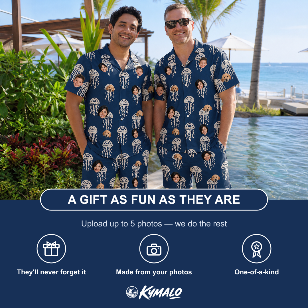 Friends in matching Men's Nettle Nebula Custom Face Shirt & Shorts Set — a group gift photo