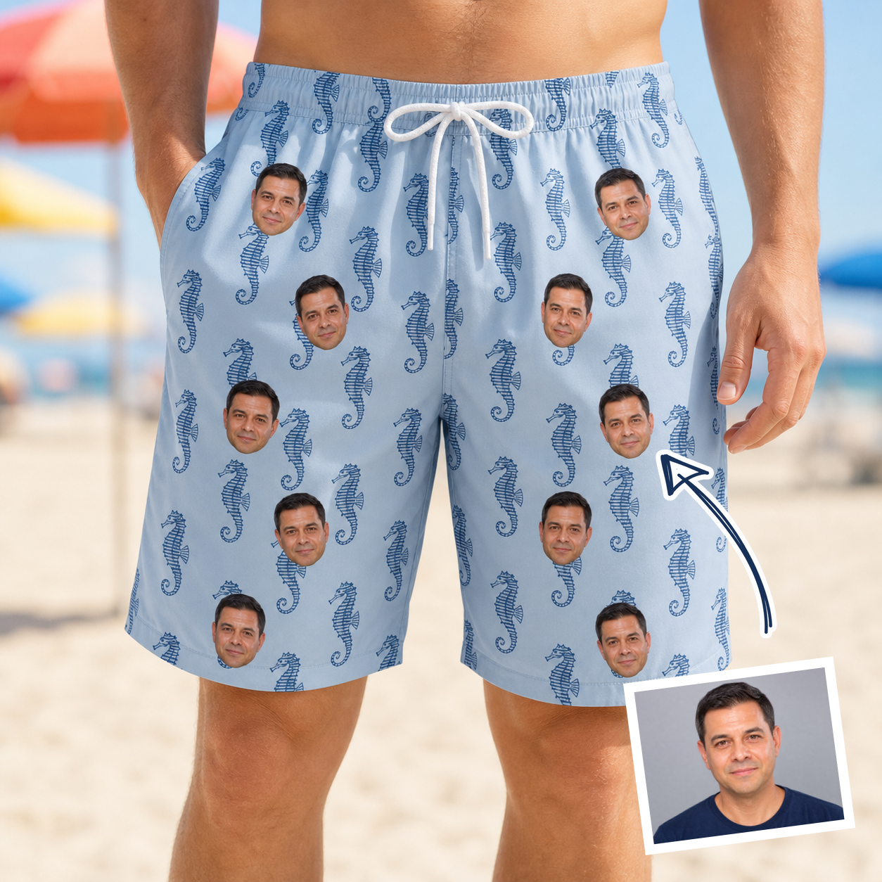 Man wearing Men's Bridle Bubbles Custom Face Beach Shorts — custom faces printed all-over