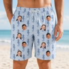 Model wearing Men's Bridle Bubbles Custom Face Beach Shorts printed with kids' faces