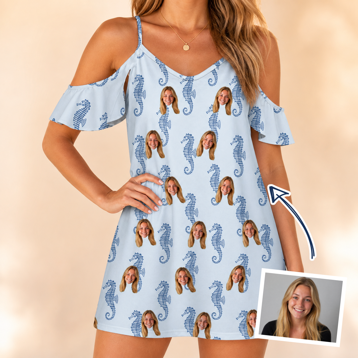 Woman wearing Women's Bridle Bubbles Custom Face Off-Shoulder Dress — custom faces printed all-over