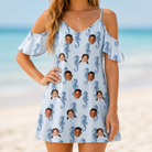 Model wearing Women's Bridle Bubbles Custom Face Off-Shoulder Dress printed with kids' faces