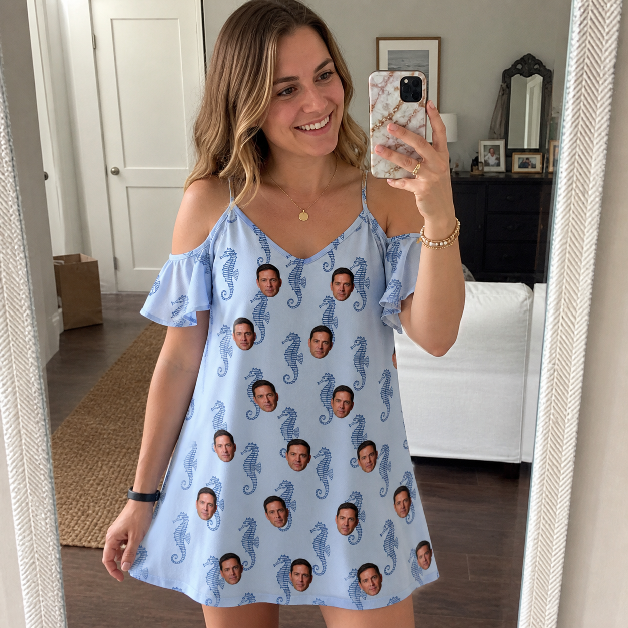 Real-life photo of someone wearing Women's Bridle Bubbles Custom Face Off-Shoulder Dress — custom faces printed all-over