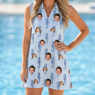 Model wearing Women's Bridle Bubbles Custom Face V-Neck Dress printed with kids' faces