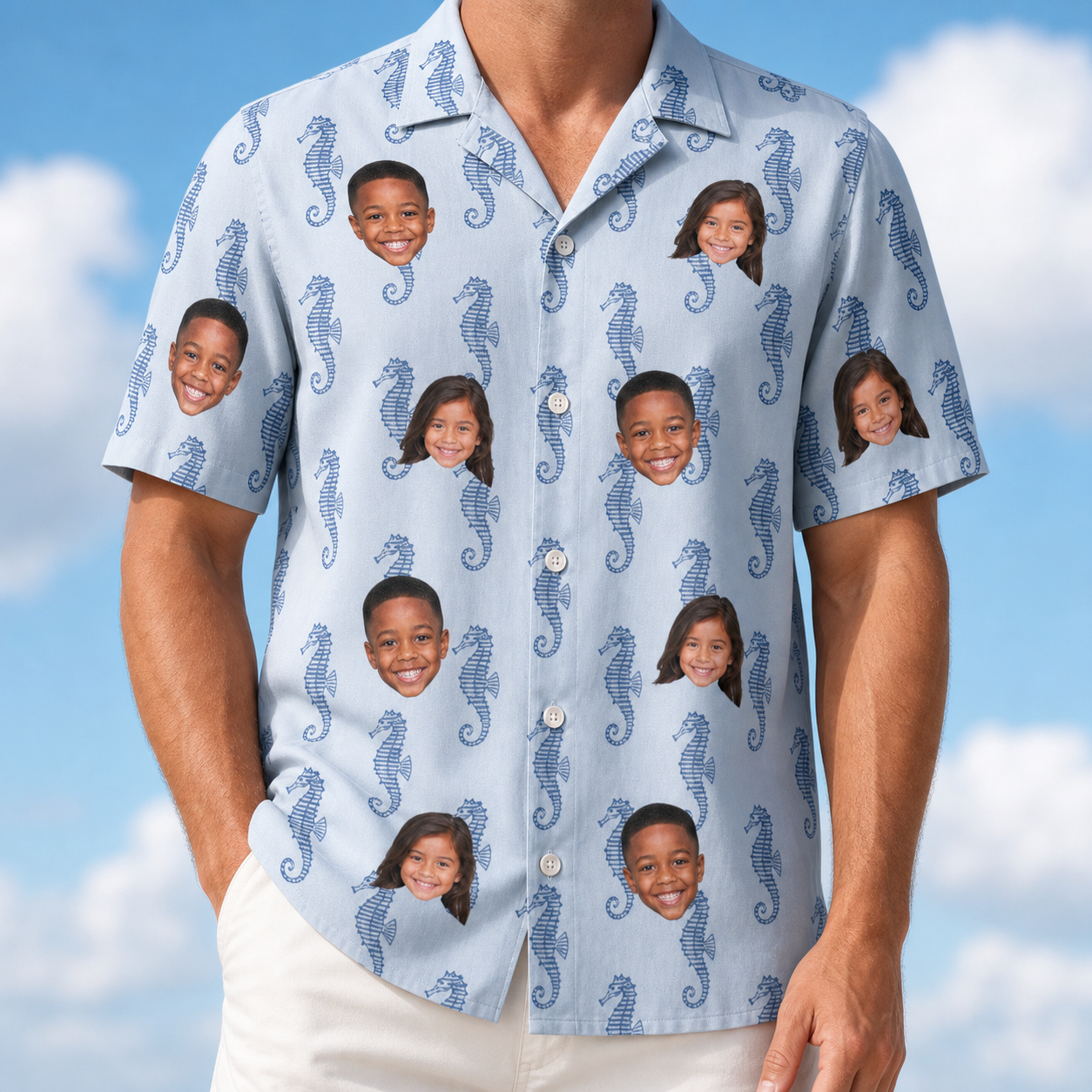 Model wearing Men's Bridle Bubbles Custom Face Hawaiian Shirt printed with kids' faces