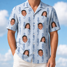 Model wearing Men's Bridle Bubbles Custom Face Hawaiian Shirt printed with kids' faces