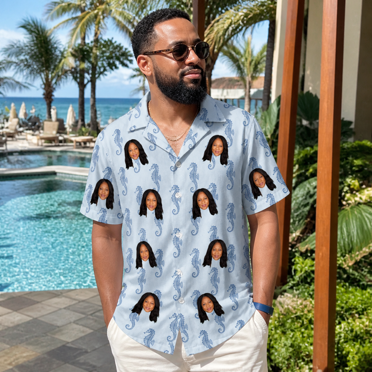 Real-life photo of someone wearing Men's Bridle Bubbles Custom Face Hawaiian Shirt — custom faces printed all-over