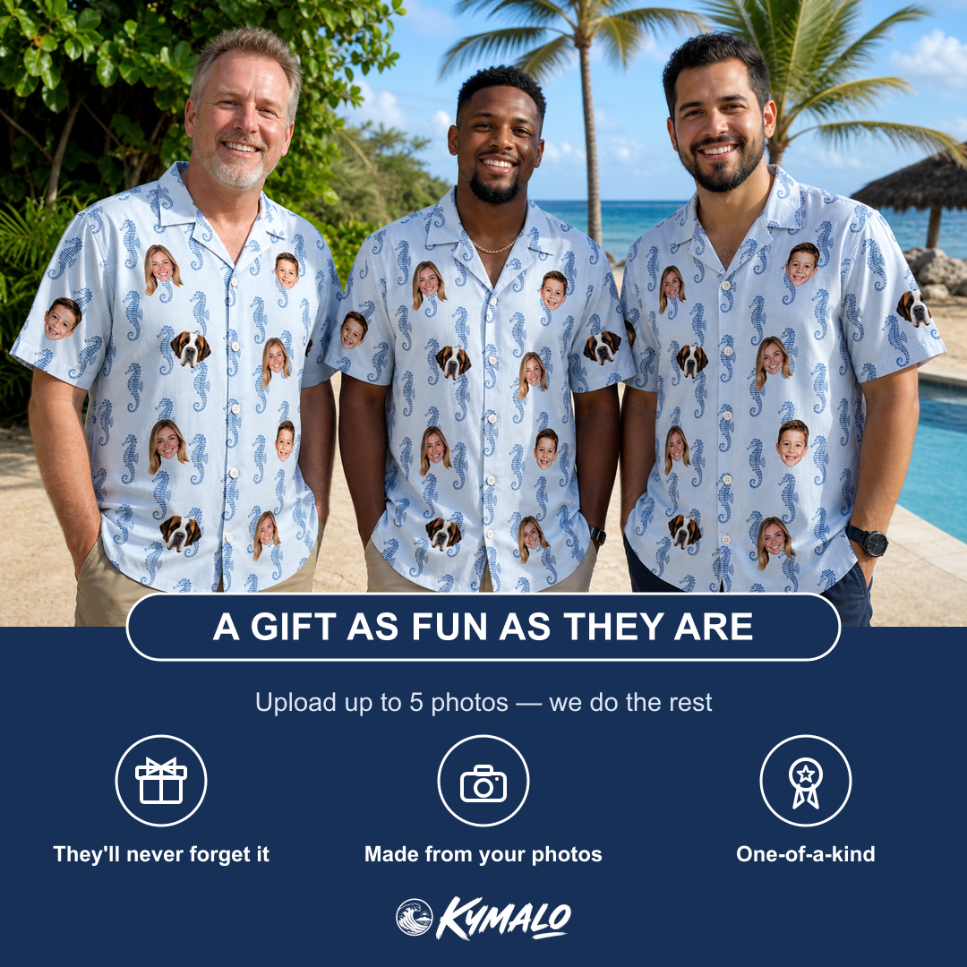 Friends in matching Men's Bridle Bubbles Custom Face Hawaiian Shirt — a group gift photo