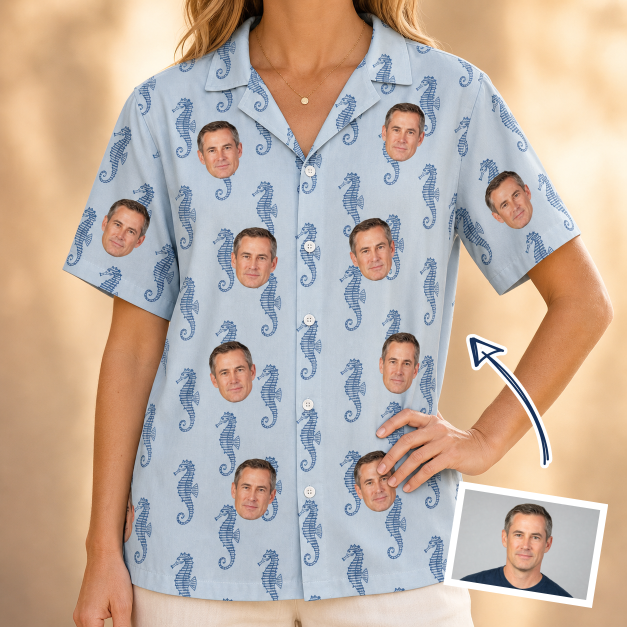 Woman wearing Women's Bridle Bubbles Custom Face Hawaiian Shirt — custom faces printed all-over