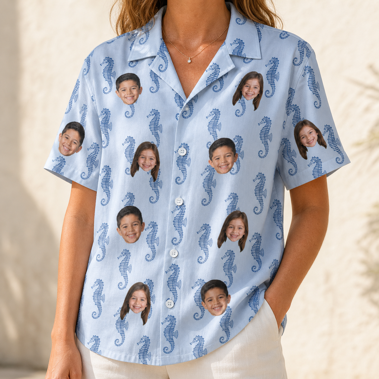 Model wearing Women's Bridle Bubbles Custom Face Hawaiian Shirt printed with kids' faces