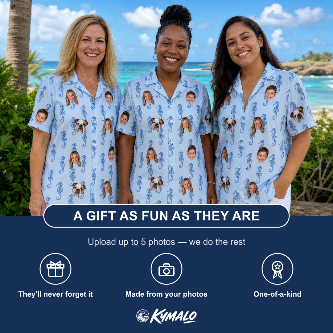 Friends in matching Women's Bridle Bubbles Custom Face Hawaiian Shirt — a group gift photo