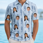 Model wearing Men's Bridle Bubbles Custom Face Polo Shirt printed with kids' faces