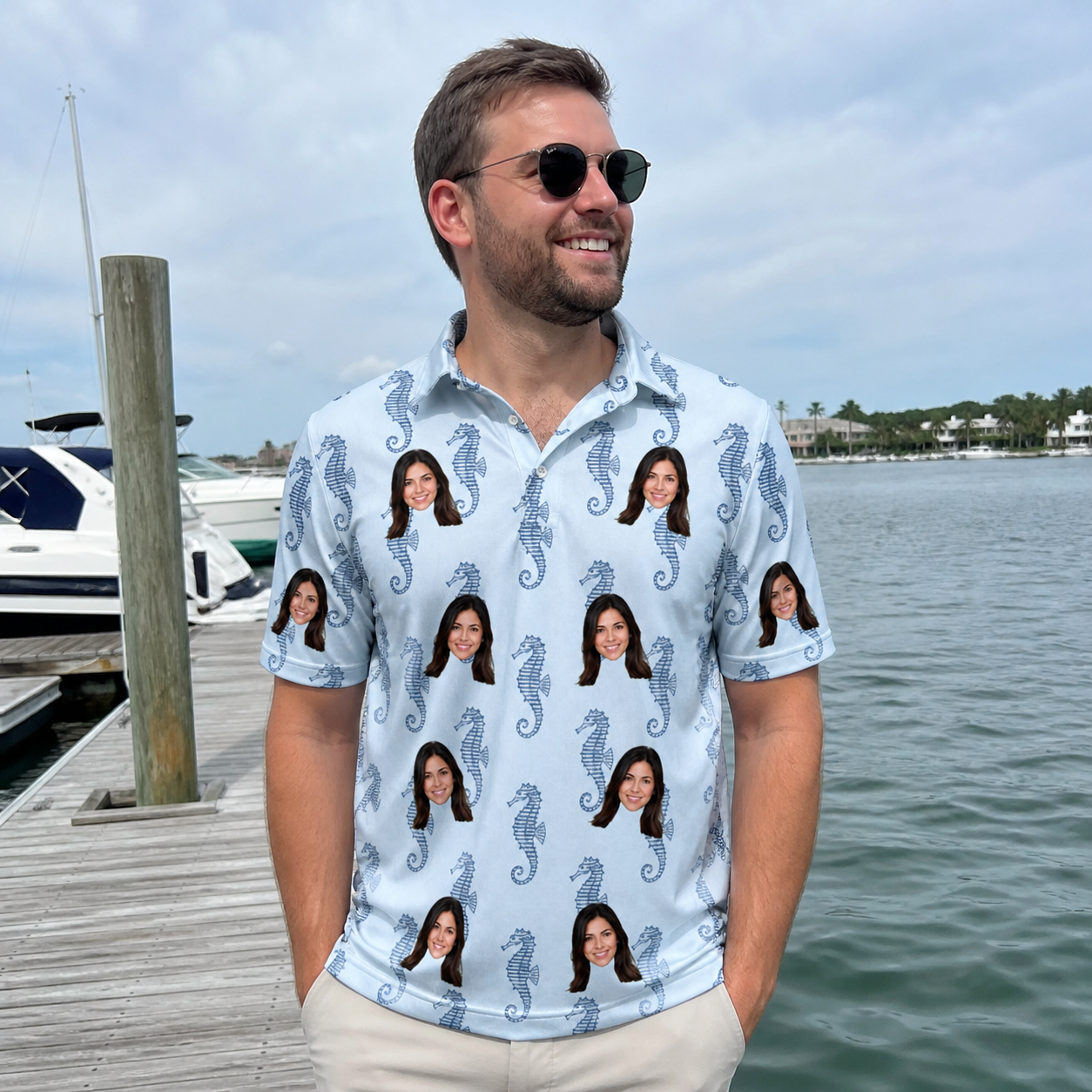 Real-life photo of someone wearing Men's Bridle Bubbles Custom Face Polo Shirt — custom faces printed all-over