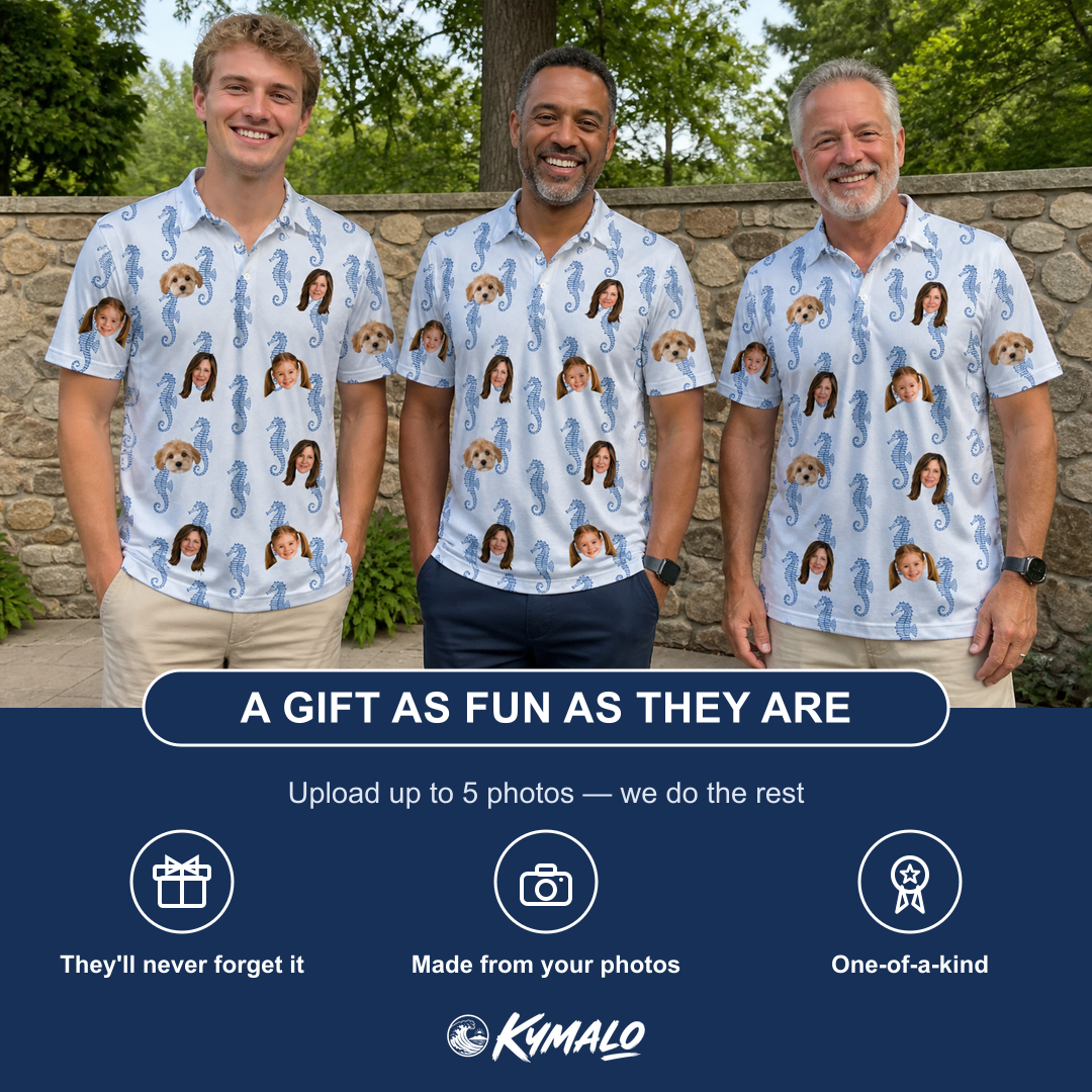 Friends in matching Men's Bridle Bubbles Custom Face Polo Shirt — a group gift photo