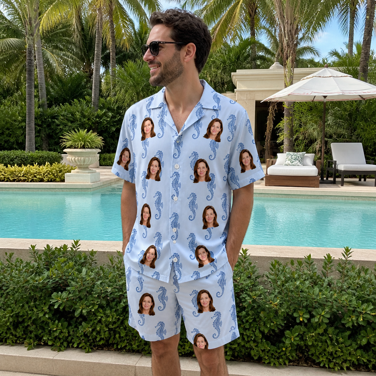 Real-life photo of someone wearing Men's Bridle Bubbles Custom Face Shirt & Shorts Set — custom faces printed all-over