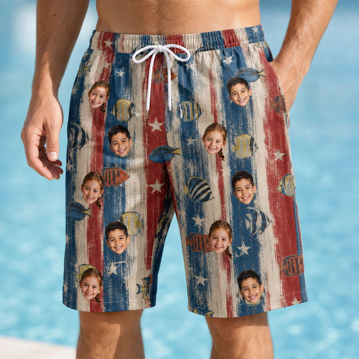 Model wearing Men's Fishful Thinking Custom Face Beach Shorts printed with kids' faces