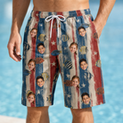 Model wearing Men's Fishful Thinking Custom Face Beach Shorts printed with kids' faces