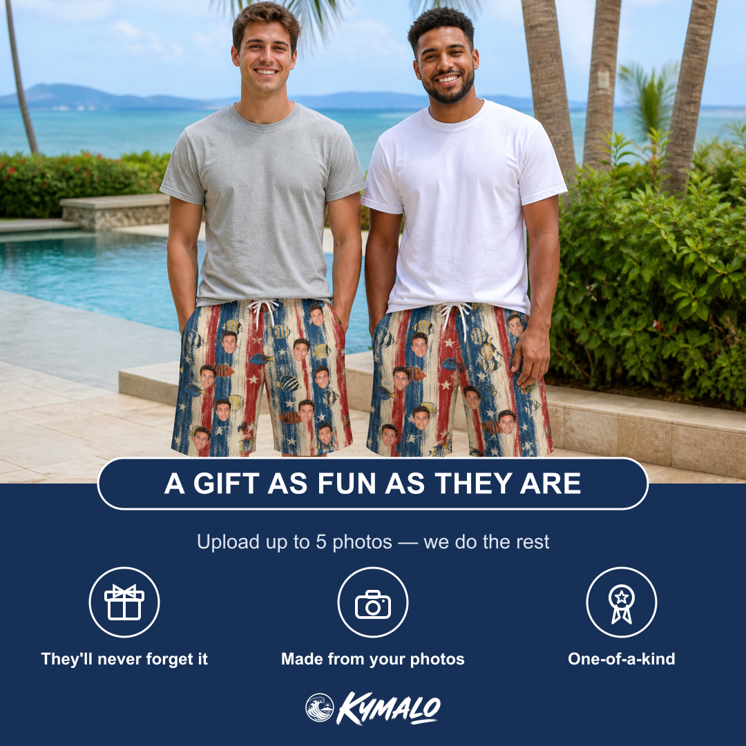 Friends in matching Men's Fishful Thinking Custom Face Beach Shorts — a group gift photo
