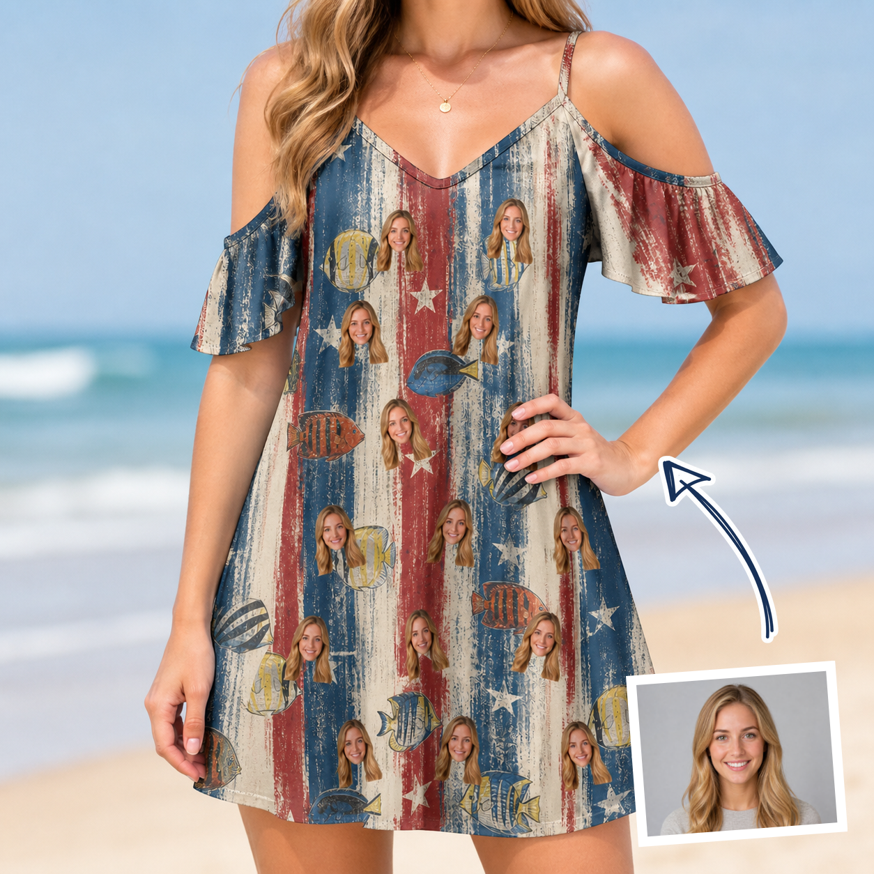 Woman wearing Women's Fishful Thinking Custom Face Off-Shoulder Dress — custom faces printed all-over