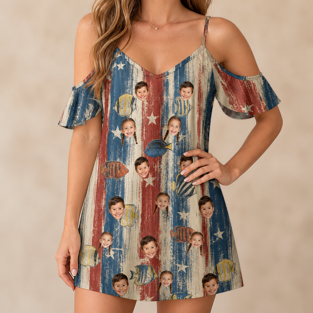 Model wearing Women's Fishful Thinking Custom Face Off-Shoulder Dress printed with kids' faces