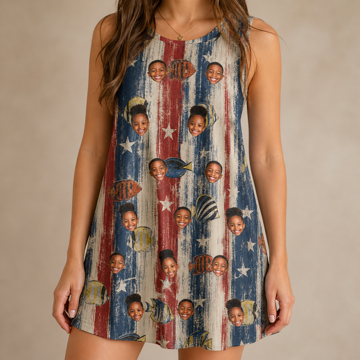 Model wearing Women's Fishful Thinking Custom Face Tank Dress printed with kids' faces