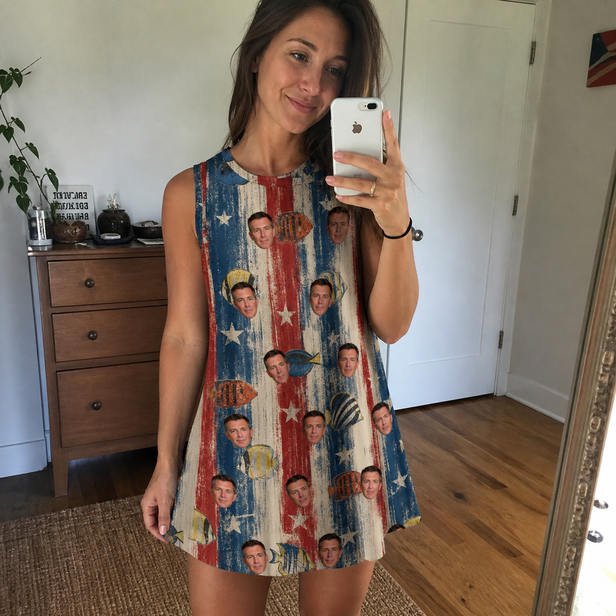 Real-life photo of someone wearing Women's Fishful Thinking Custom Face Tank Dress — custom faces printed all-over