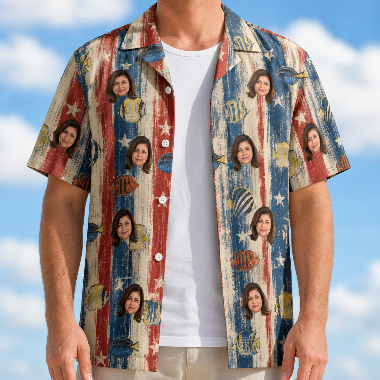 Man wearing Men's Fishful Thinking Custom Face Hawaiian Shirt open over a white tee