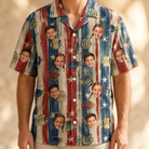 Model wearing Men's Fishful Thinking Custom Face Hawaiian Shirt printed with kids' faces