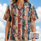 Woman wearing Women's Fishful Thinking Custom Face Hawaiian Shirt — custom faces printed all-over
