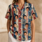 Model wearing Women's Fishful Thinking Custom Face Hawaiian Shirt printed with kids' faces